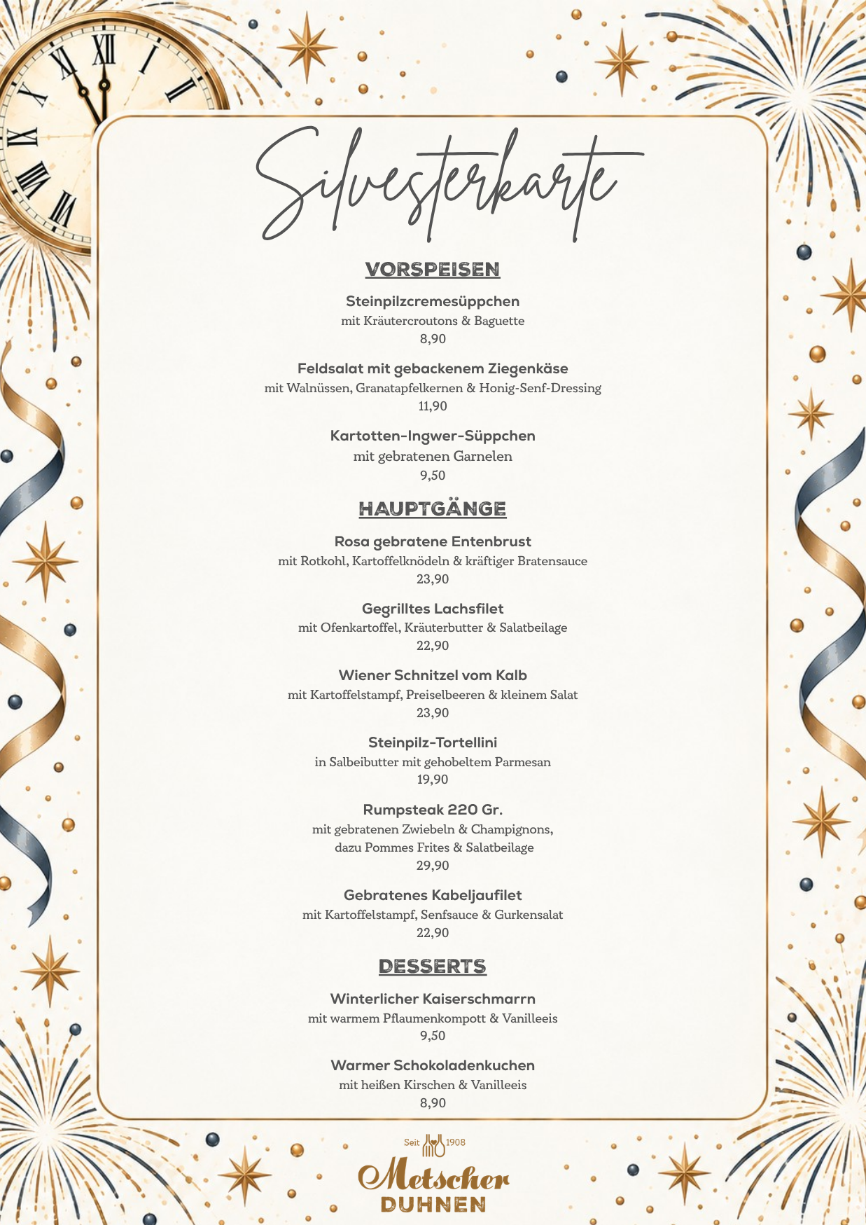 Speisekarte Silvester